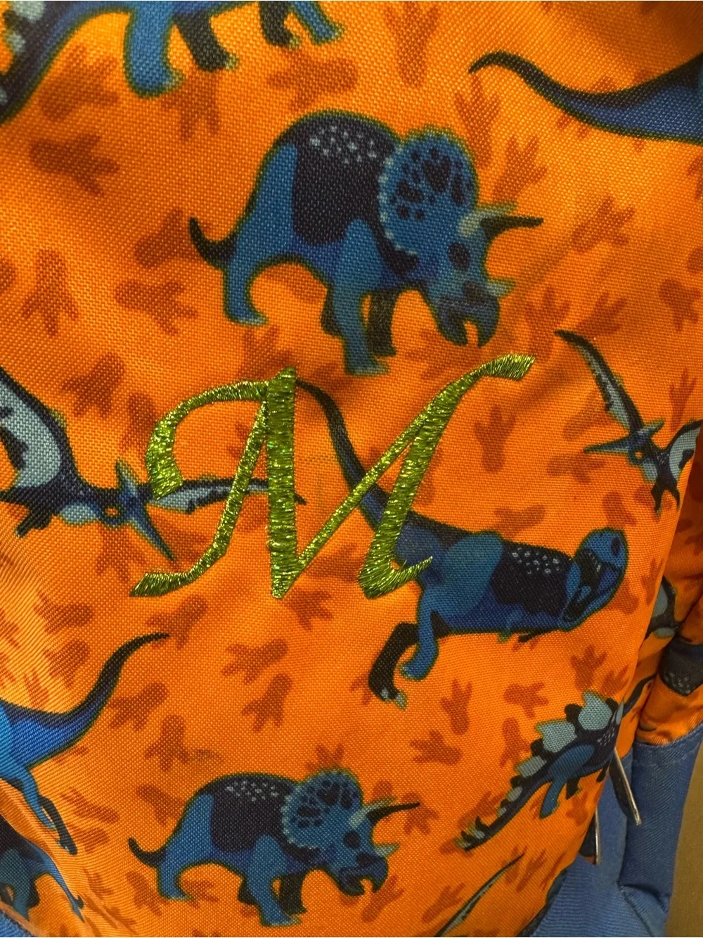 Kids Orange & Blue Dinosaur Backpack with Green Monogram